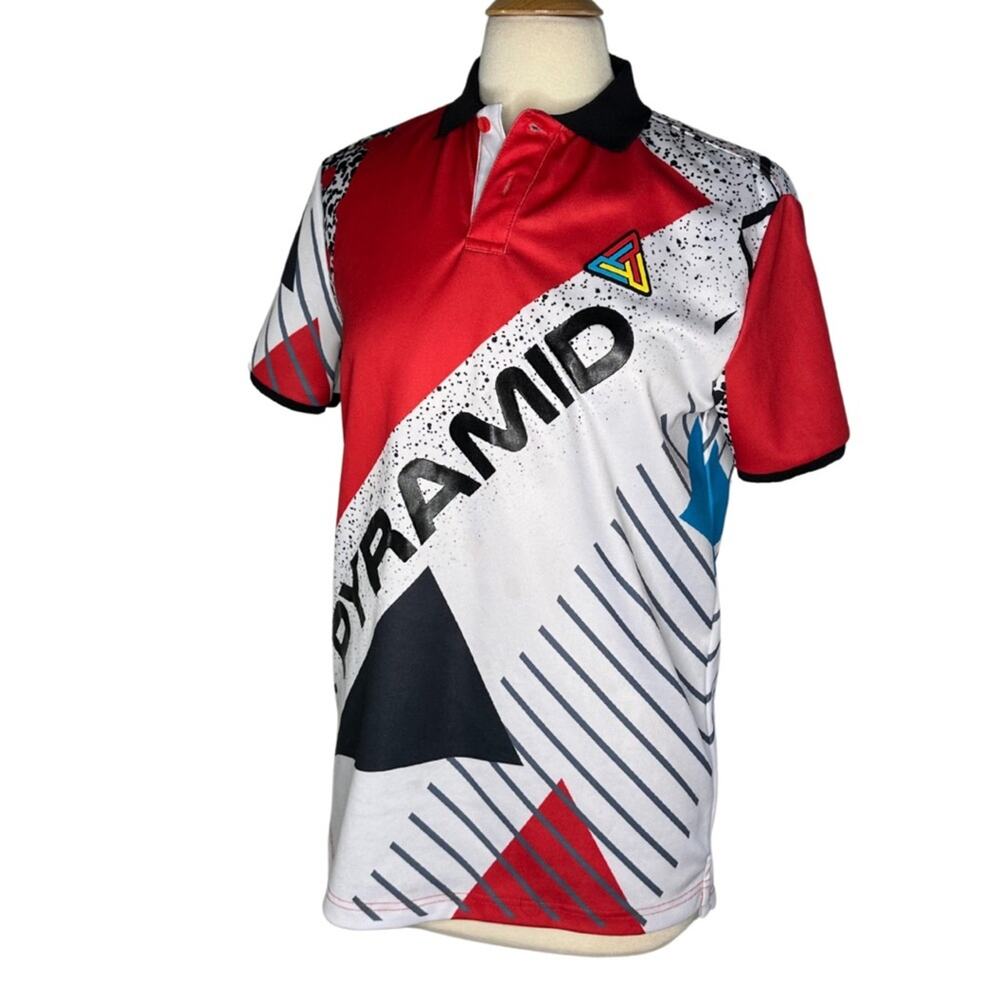 Black Pyramid Bowling Polo 90's Pattern Geometric Fun Blokecore Pop of Red QQ3